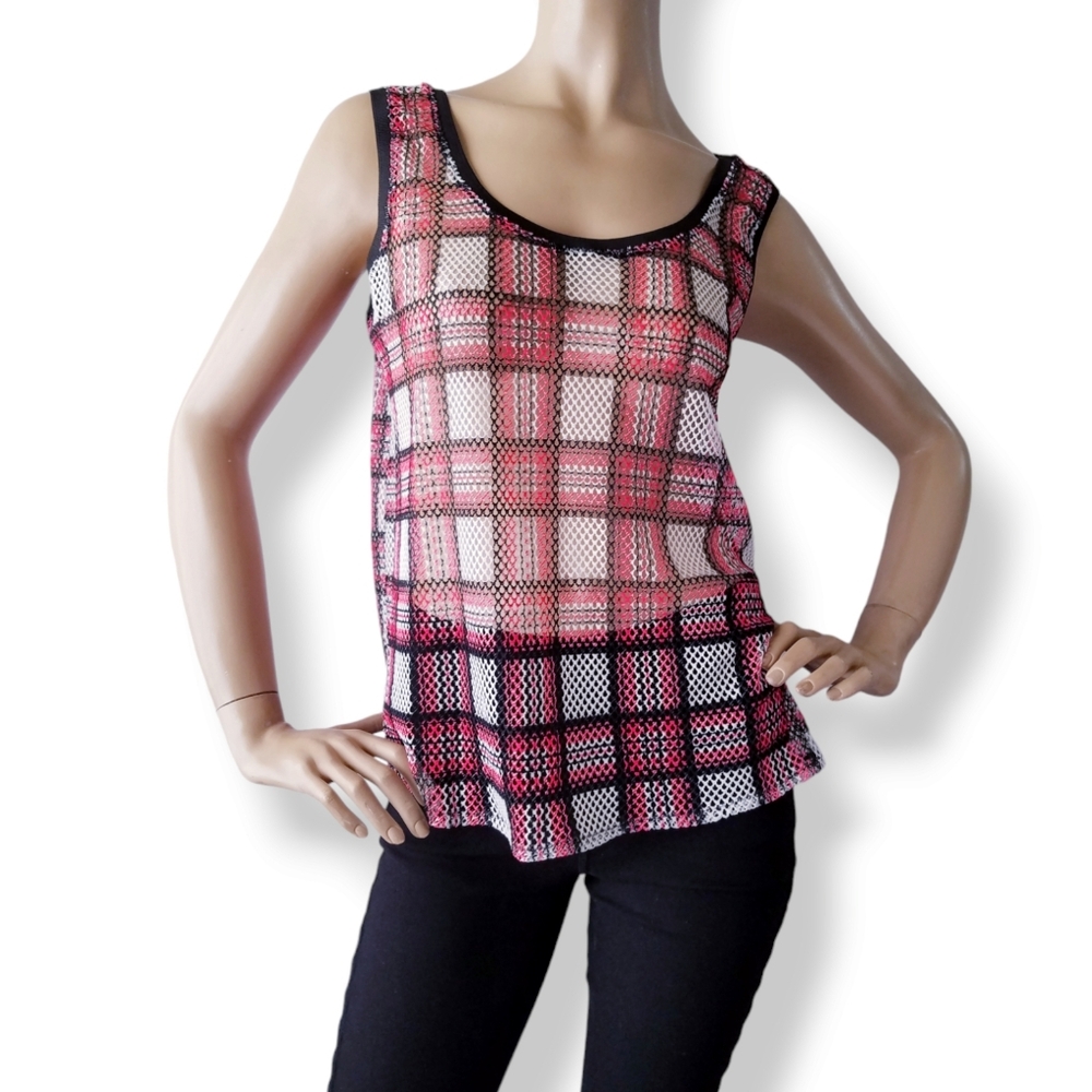 3ena Mesh Plaid Red, Black & White Printed Sleeveless Tank Top